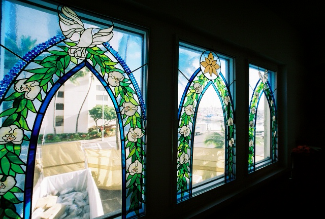 doves in the stainglass church Hawaii